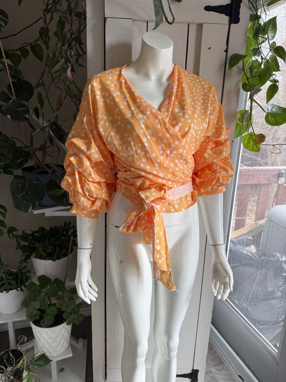 Polka Dot Wrap Blouse with ruffle 3/4 sleeves Orange M/L